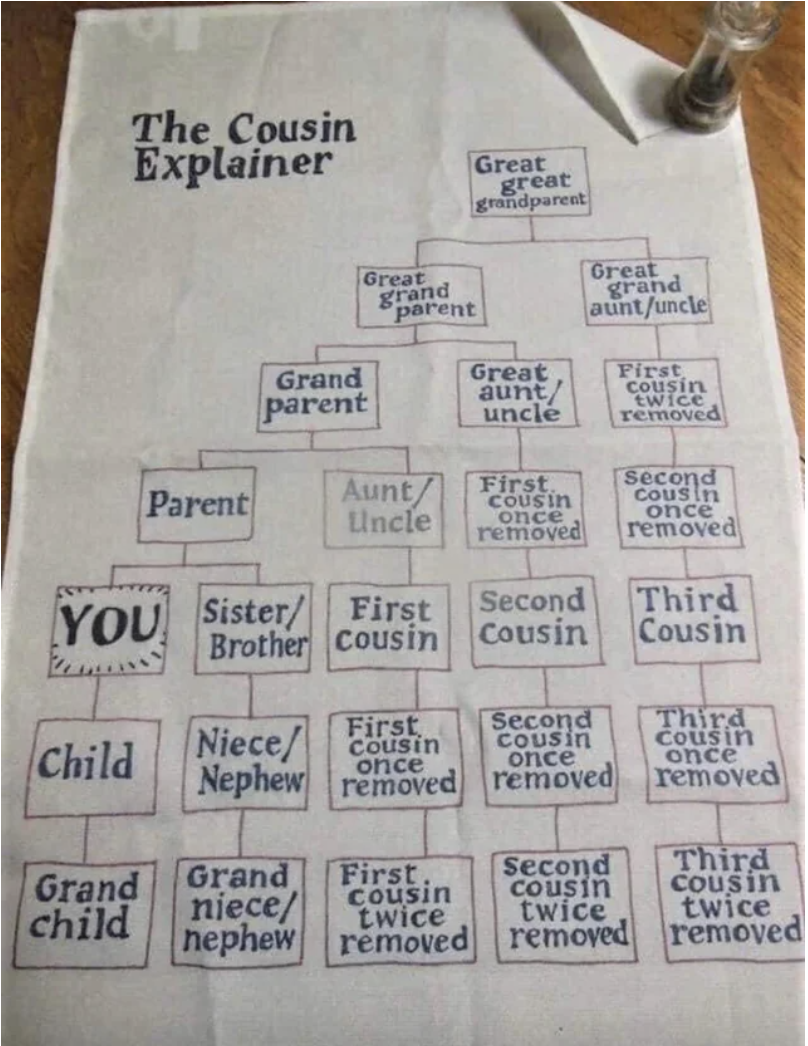 A &quot;Cousin Explainer,&quot; from great-great-grandparents to first, second, and third cousins twice removed