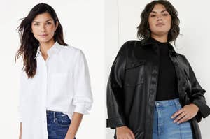 on left: model wearing white long-sleeve button down shirt. on right: model wearing black faux leather shacket