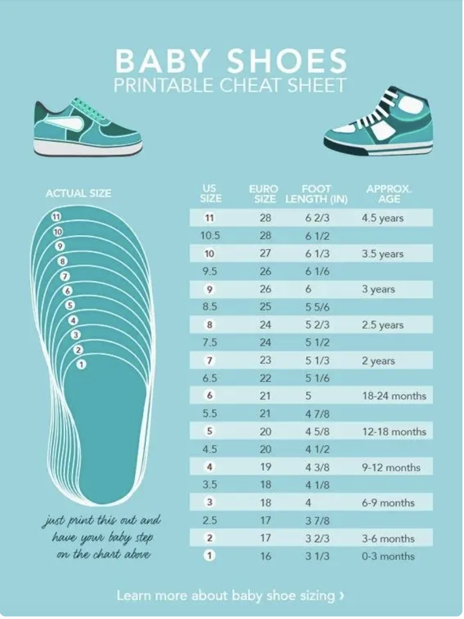 A chart showing US sizes, Euro sizes, foot length in inches, and approximate age, from US/Euro 1/16, foot length 3 1/3 inches, and 0–3 months to US/Euro 11/28, foot length 6 2/3 inches, and age 4 1/2 years
