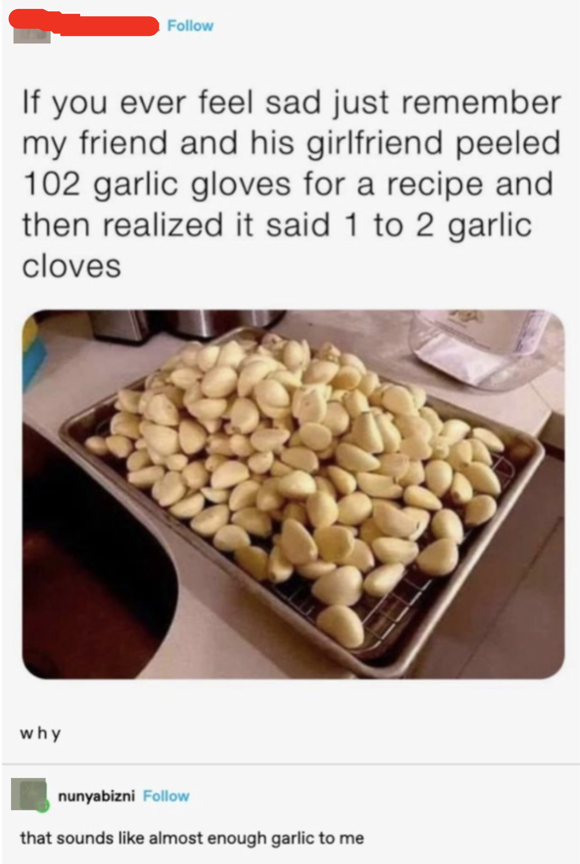 &quot;If you ever feel said, just remember my friend and his girlfriend peeled 102 garlic cloves for a recipe and then realized it said 1 to 2 garlic cloves,&quot; with a rack of cloves shown, with response: &quot;that sounds like almost enough garlic to me&quot;&quot;I li
