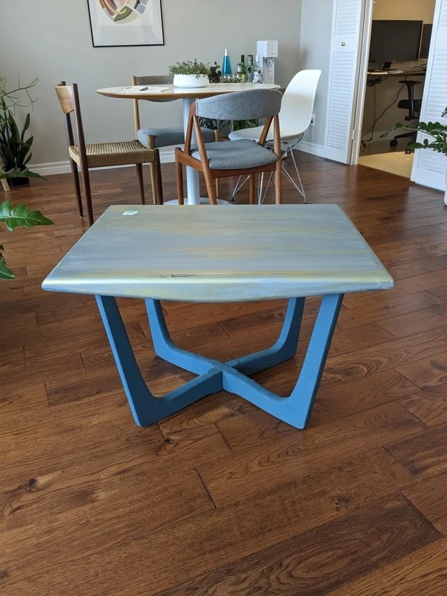 A before image of a table painted blue