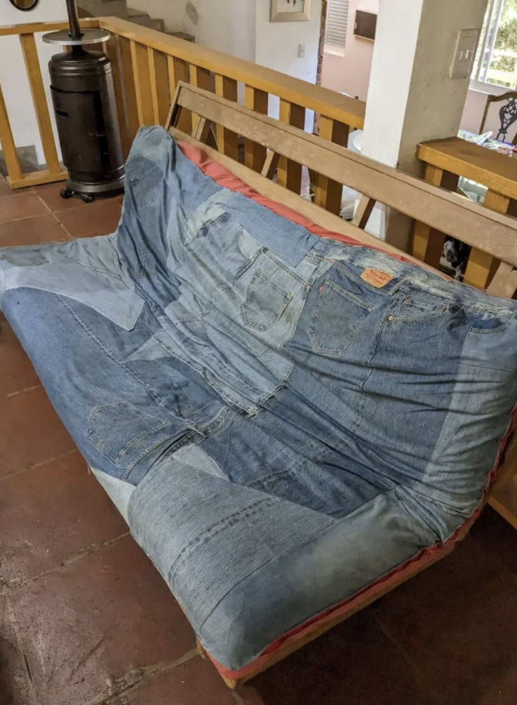 sofa patched up with old jeans