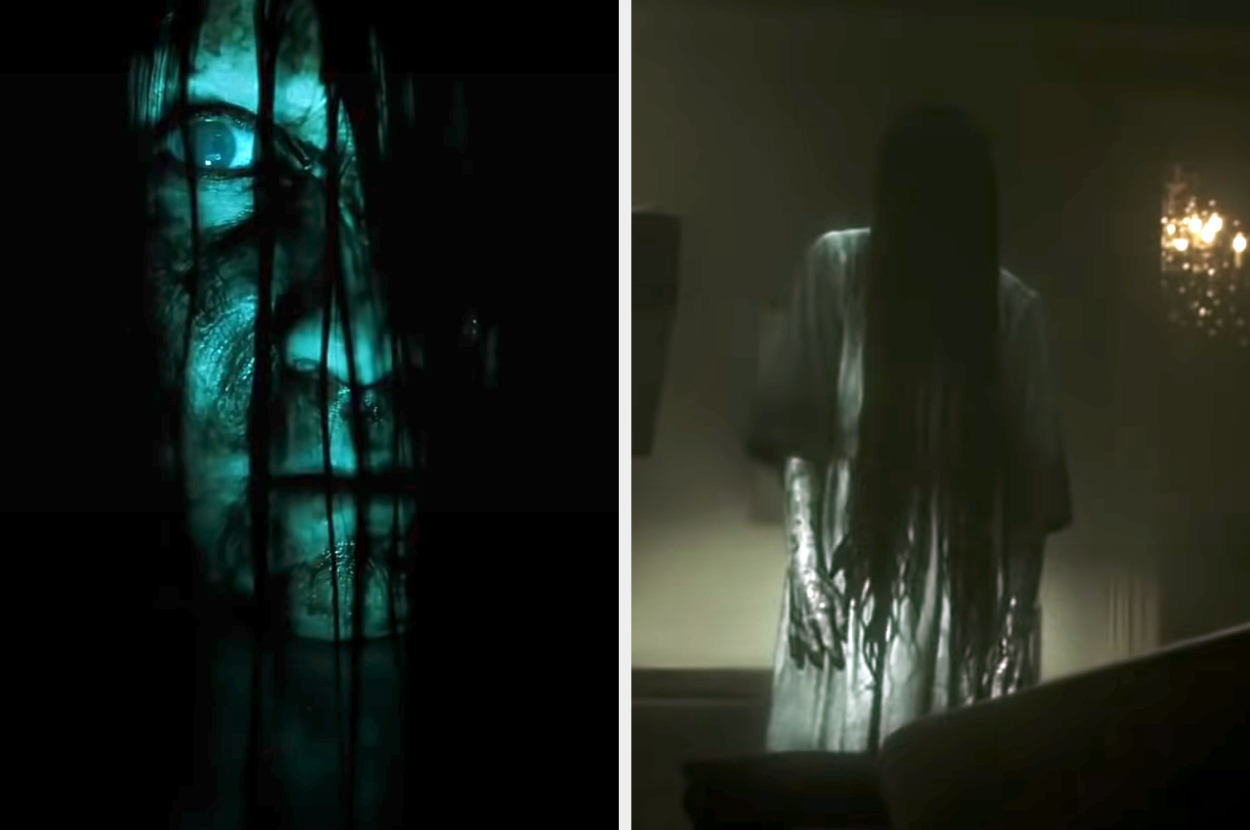 a side by side of Samara standing with her hair covering her face and looking into the camera
