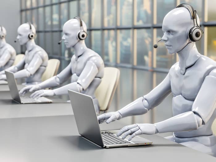 robots wearing headsets like call center workers