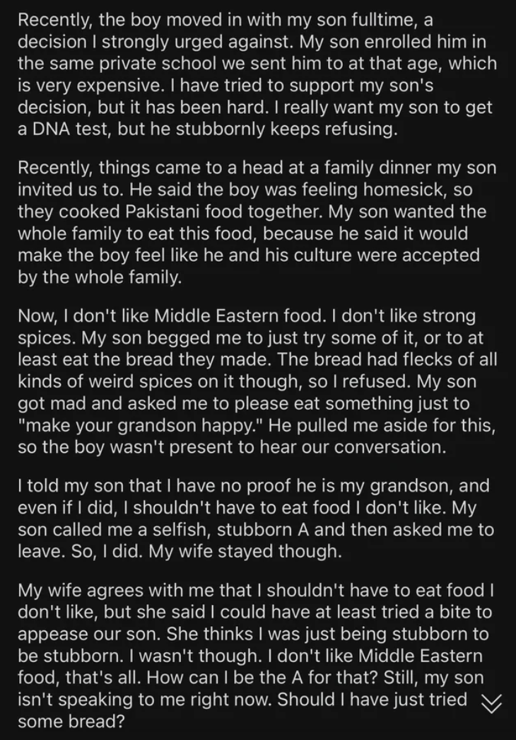 "My wife agrees with me that I shouldn't have to eat food I don't like…"