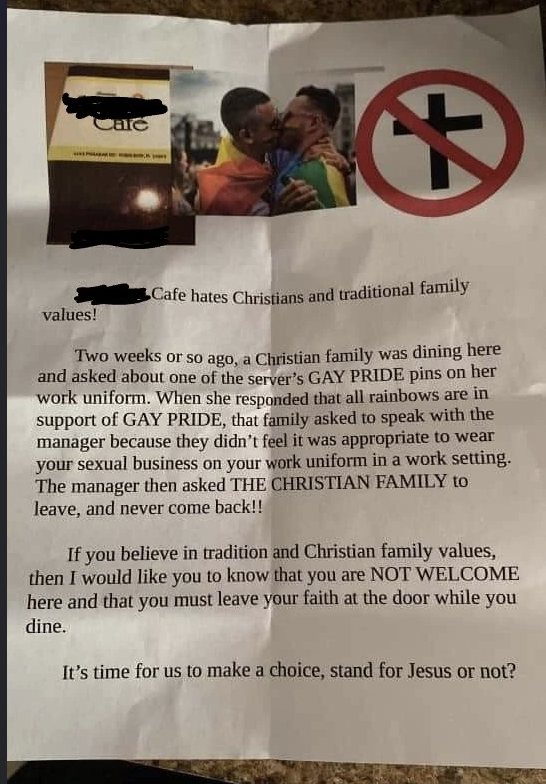 &quot;Cafe hates Christians and traditional family values!&quot;