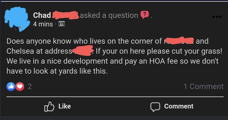"Does anyone know who lives on the corner of …"