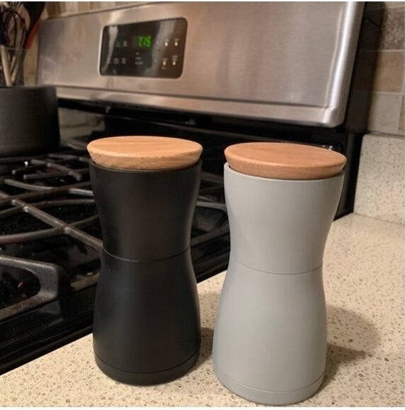 Reviewer&#x27;s photo of salt and pepper shakers on kitchen counter.
