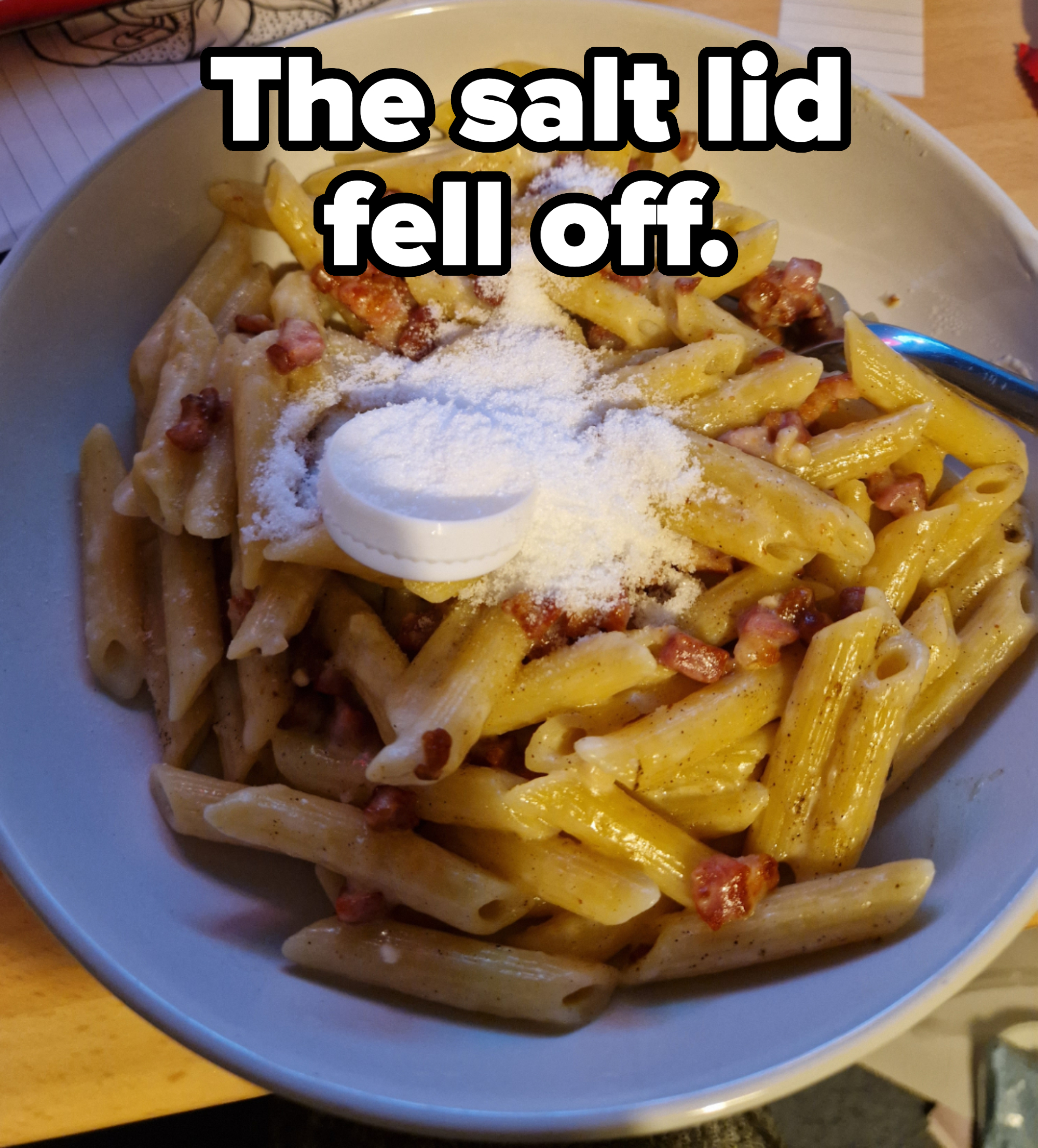 A pile of salt (and a lid) on someone&#x27;s pasta, with caption, &quot;The salt lid fell off&quot;