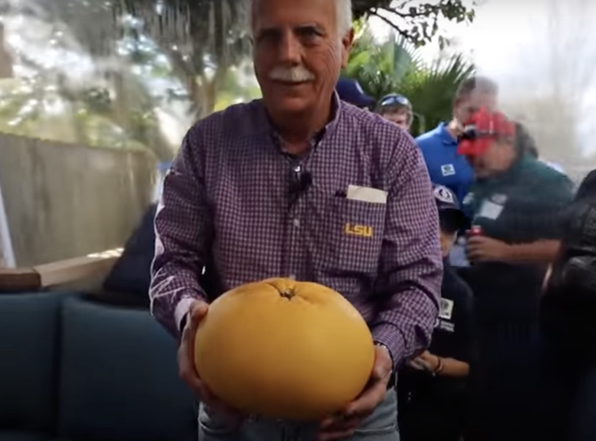 a man holding a large grapefruit