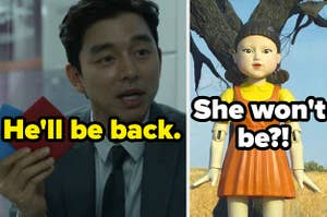 man in the suit and red light green light doll from squid game