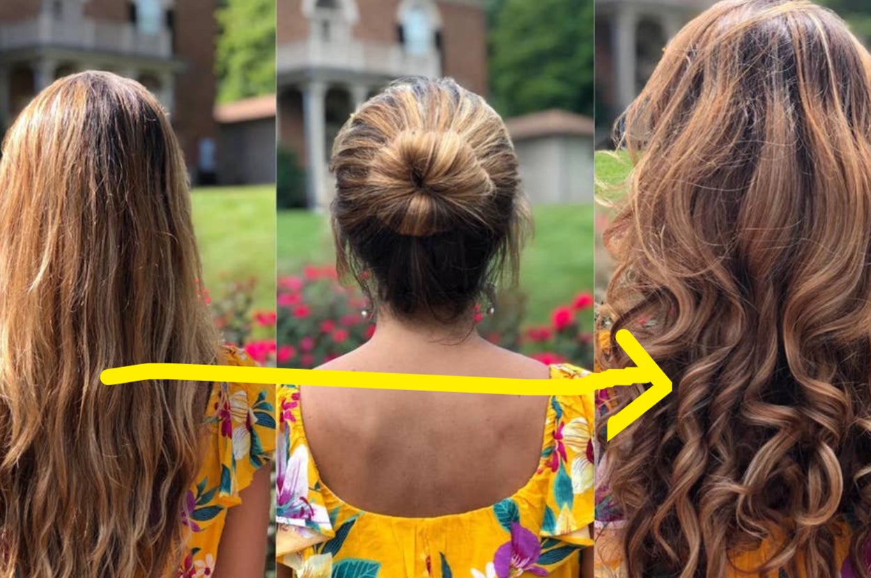 person with straight hair, same person with bun, person with curls from the bun tool