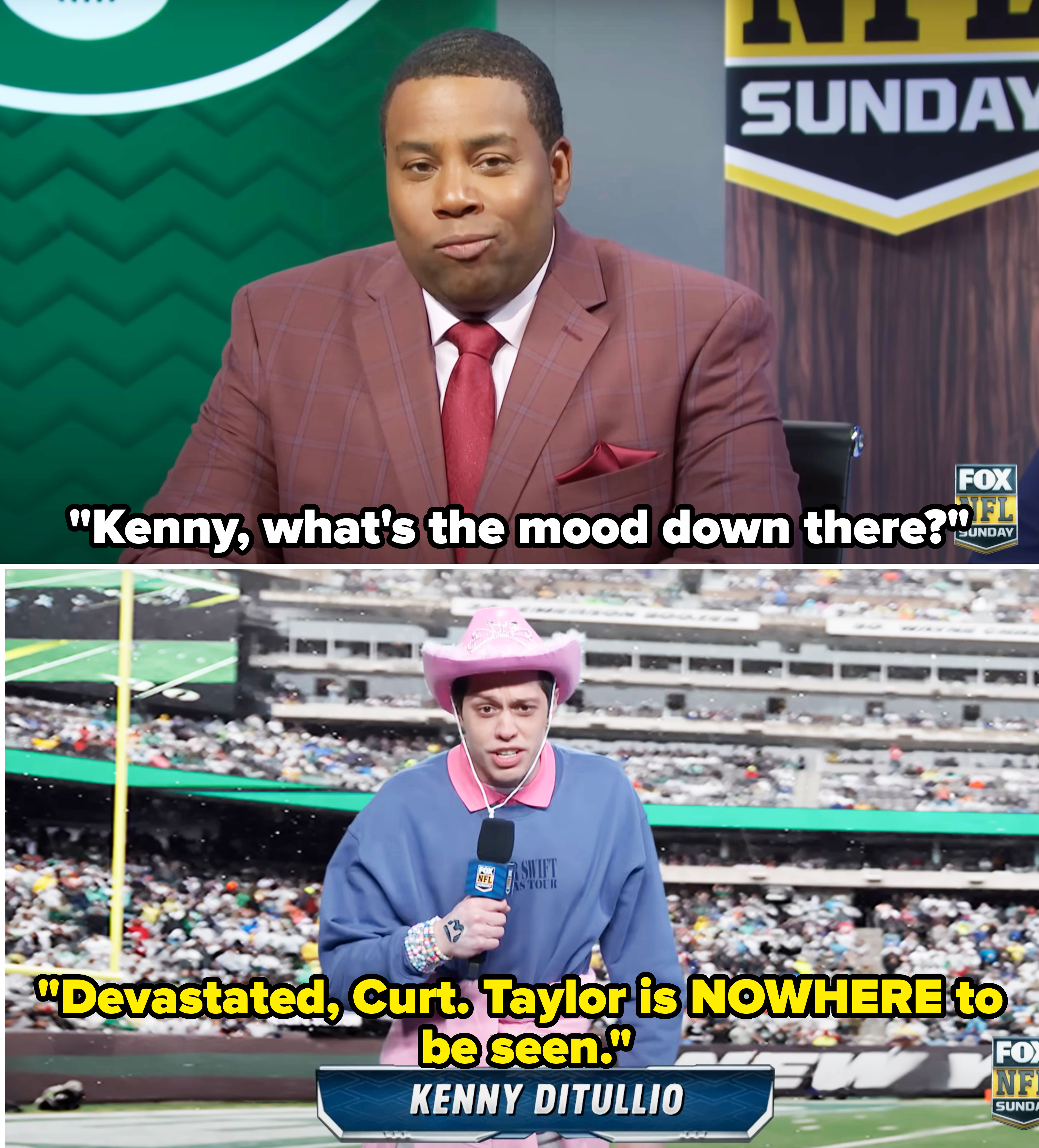 Kenan asking Pete what the mood is like at the podium, and Pete saying &quot;Devastated, Curt; Taylor is NOWHERE to be seen&quot;
