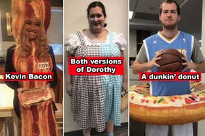 Someone dressed as a strip of bacon with a "Kevin" nametag on their chest, another dressed as the black-and-white and color versions of Dorothy from "The Wizard of Oz," and another wearing an inflatable donut around their waist while holding a basketball