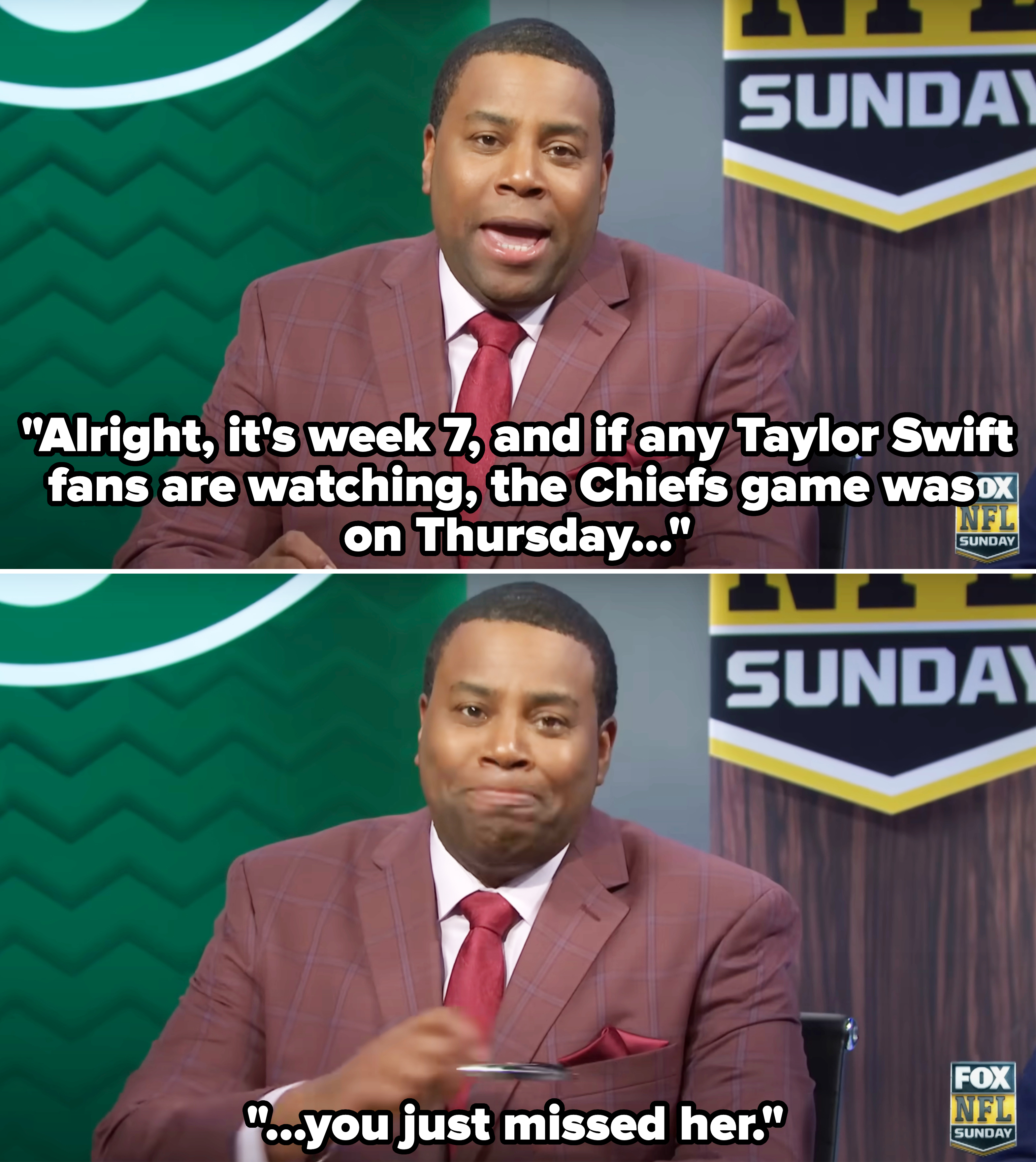 Kenan Thompson saying &quot;Alright, it&#x27;s week 7, and if any Taylor Swift fans are watching, the Chiefs game was on Thursday — you just missed her&quot;