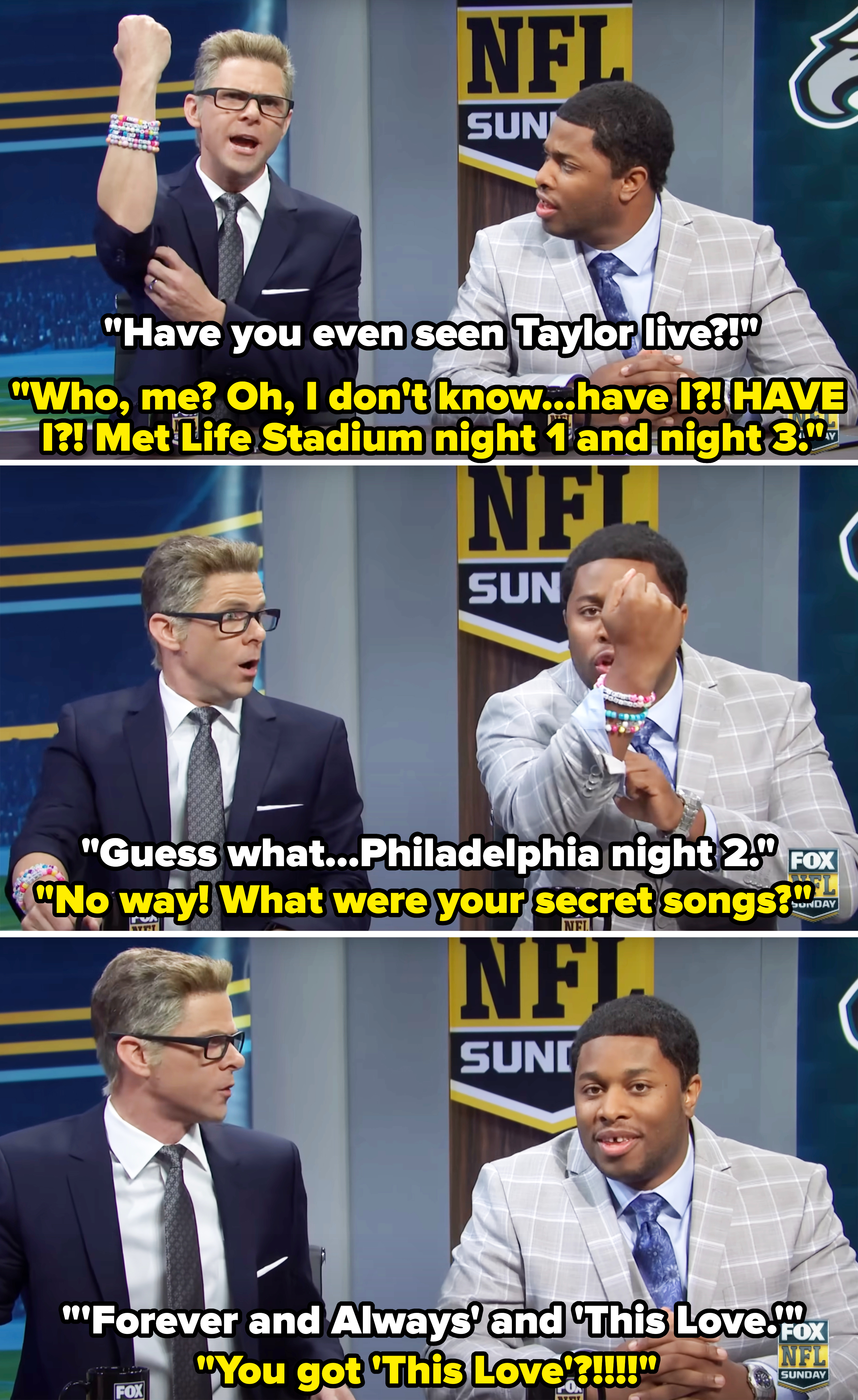 Sports anchors from the sketch asking each other if they&#x27;ve seen Taylor in concert (&quot;Who, me? Oh, I don&#x27;t know — have I?! HAVE I?! Met Life Stadium night 1 and night 3&quot;), and saying their &quot;secret songs&quot;
