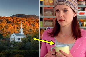 a chapel surrounded by autumn trees and lorelai from gilmore girls holding a cup of coffee
