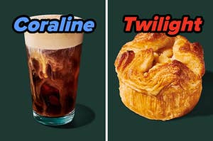 On the left, a Pumpkin Cream Cold Brew labeled Coraline, and on the right, a Baked Apple Croissant labeled Twilight