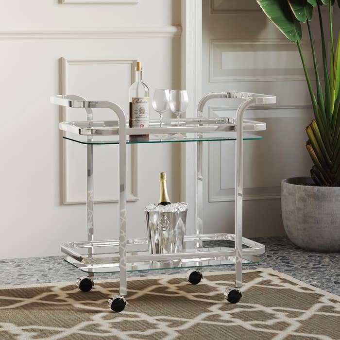 the chrome bar cart on wheels with two tiers