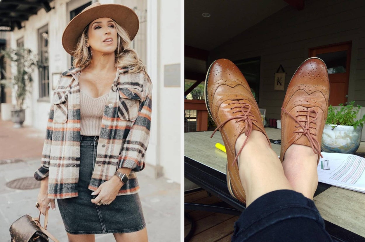 plaid button down on the left and oxford shoes on the right