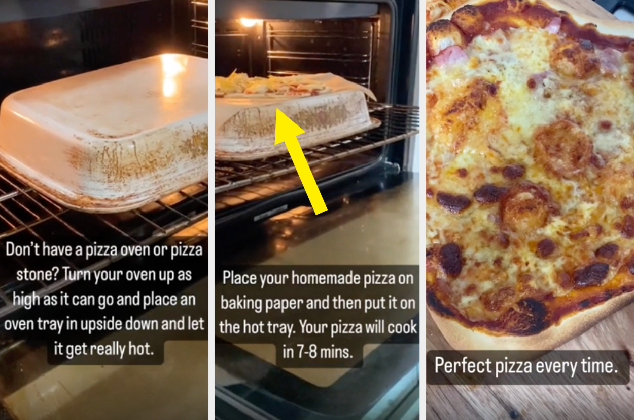 placing an oven tray over baking pizza