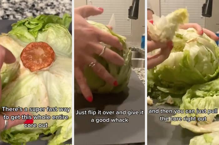 Someone de-coring a head of lettuce