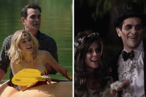 Left: Claire and Phil in a giant pumpkin boat, right: Claire and Phil dressed as corpse bride and groom