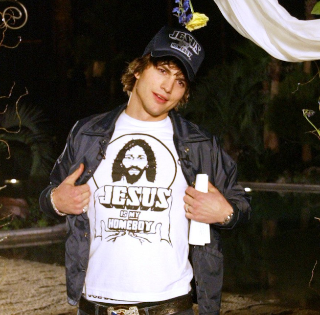 A man modeling a &quot;Jesus is my Homeboy&quot; T-shirt