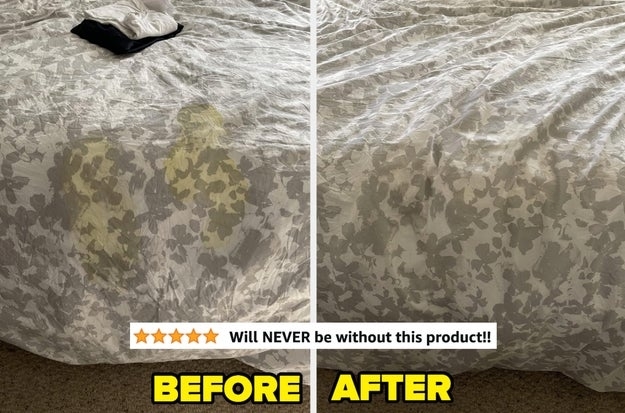 A reviewer&#x27;s comforter with two yellow puke stains before and after with the stains gone &quot;will never be without this product&quot;