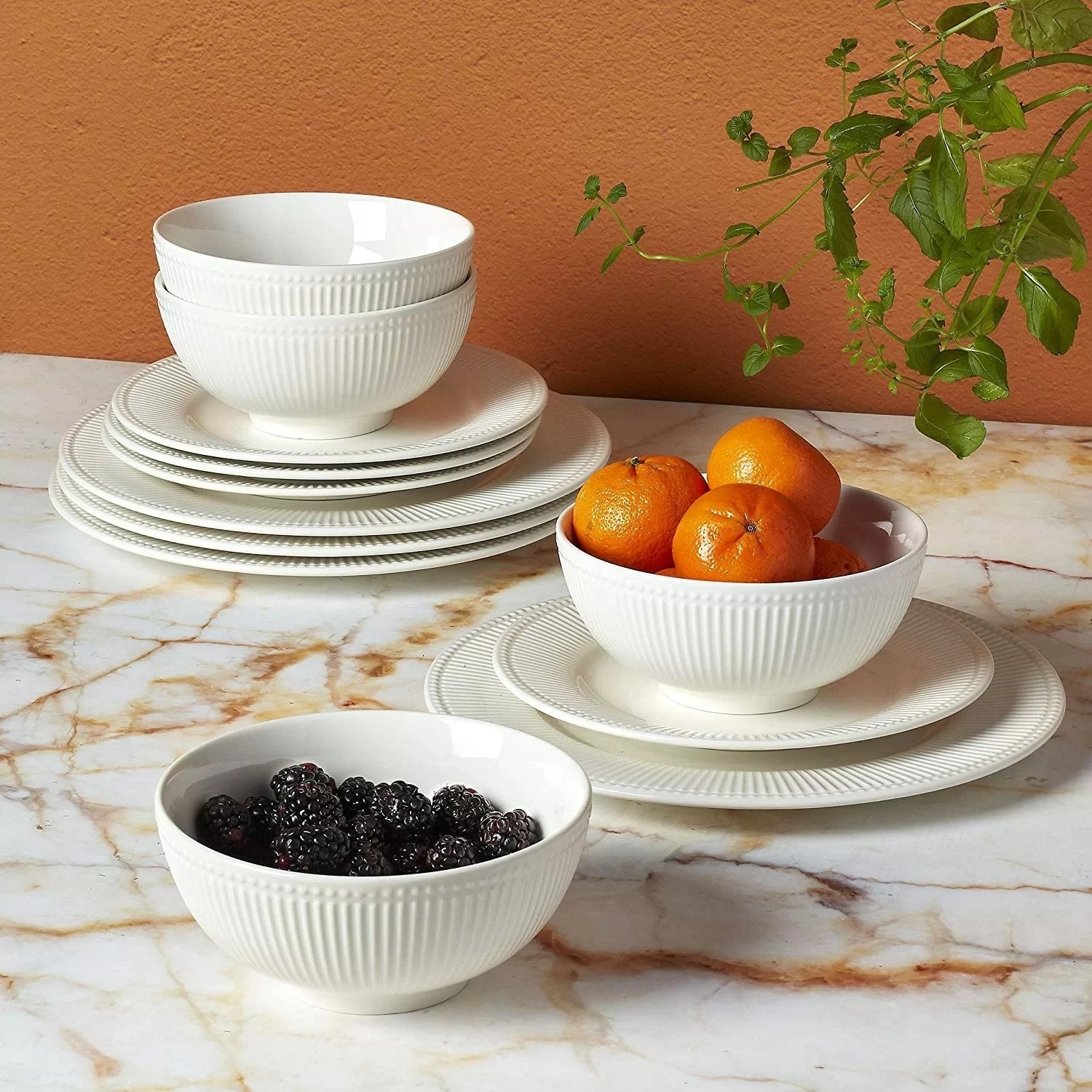 The embossed dishes in a off-white color
