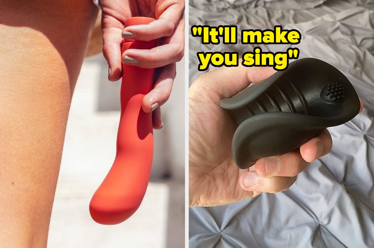 model holding red g-spot vibrator and reviewer holding black vibrating stroker