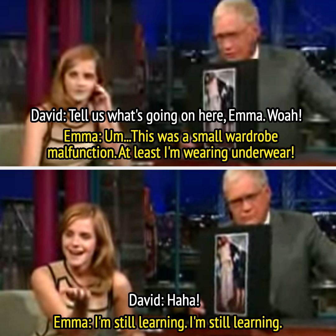 letterman showing off a photograph to the audience and emma having to saying, at least i&#x27;m wearing underwear