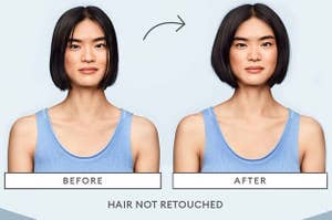 a model labeled "before" and the same model labeled "after" with their hair looking visibly more voluminous and less shiny 
