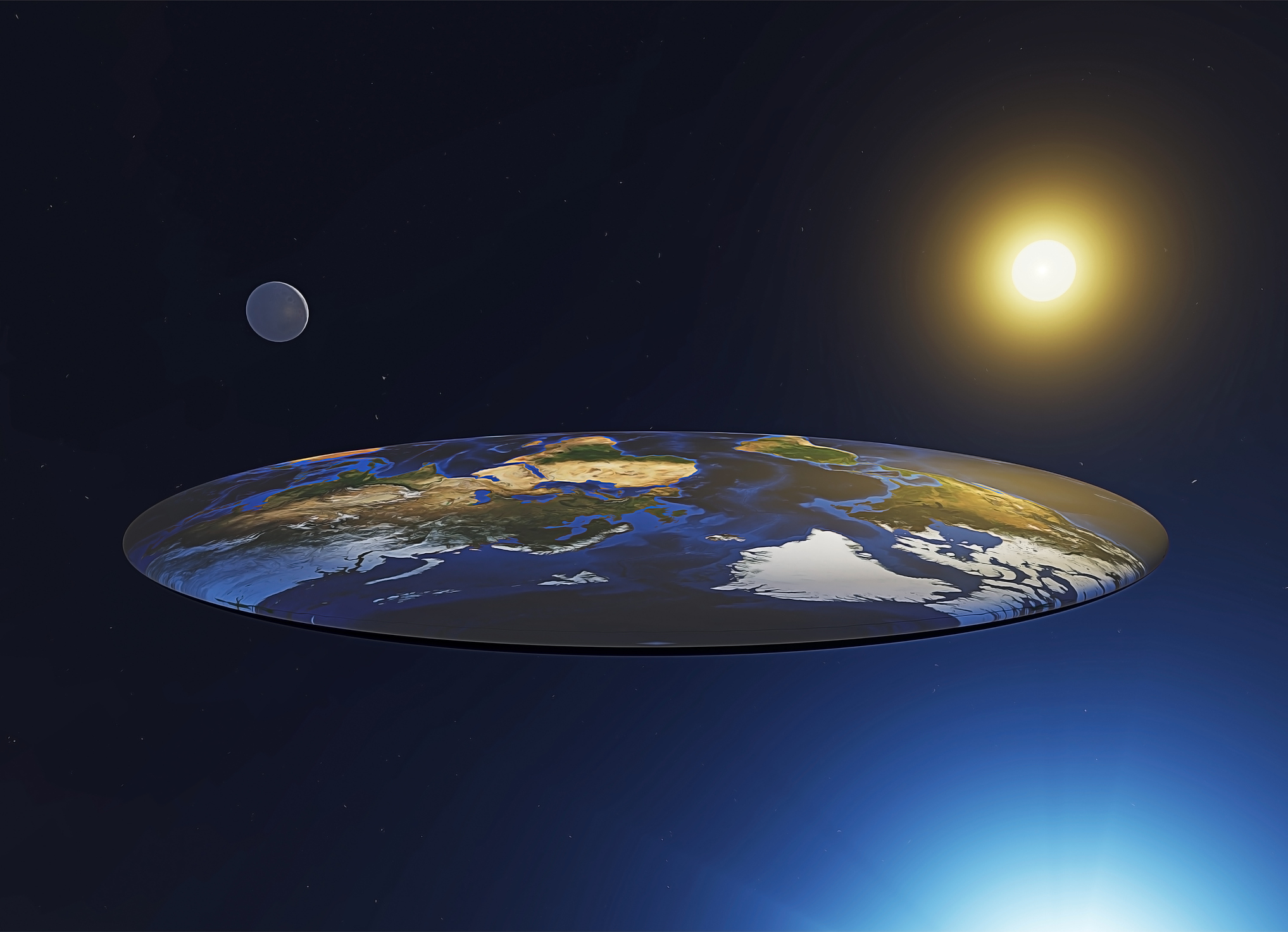 graphic of the earth laying flat in space with the sun in the moon in the background