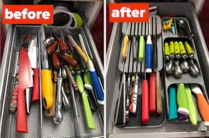a before and after for a cutlery organizer