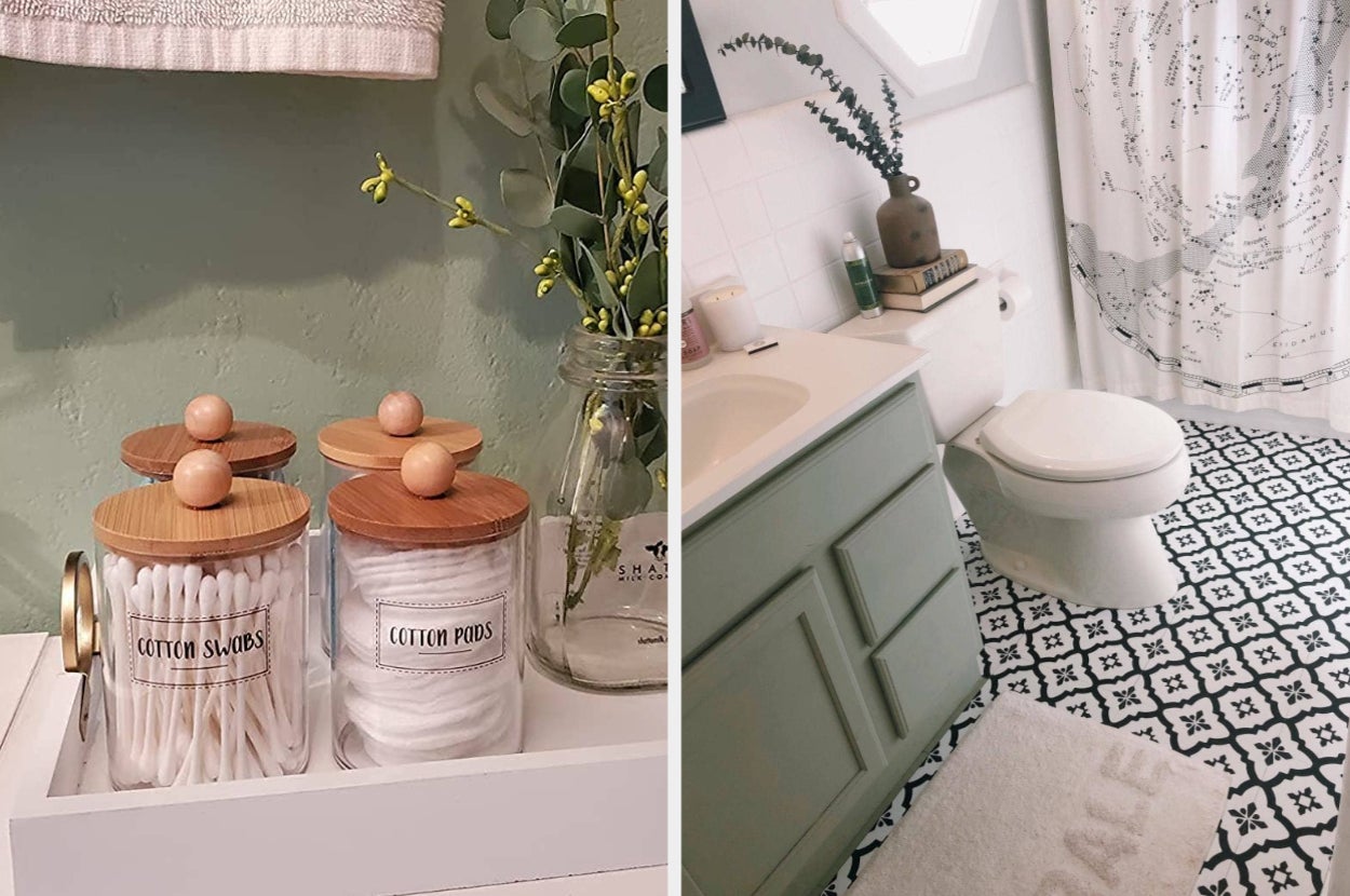 on the elft glass jars with bamboo lids, on the right peel-and-stick black and white patterned tile