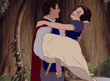 Snow White cradled in the arms of her prince