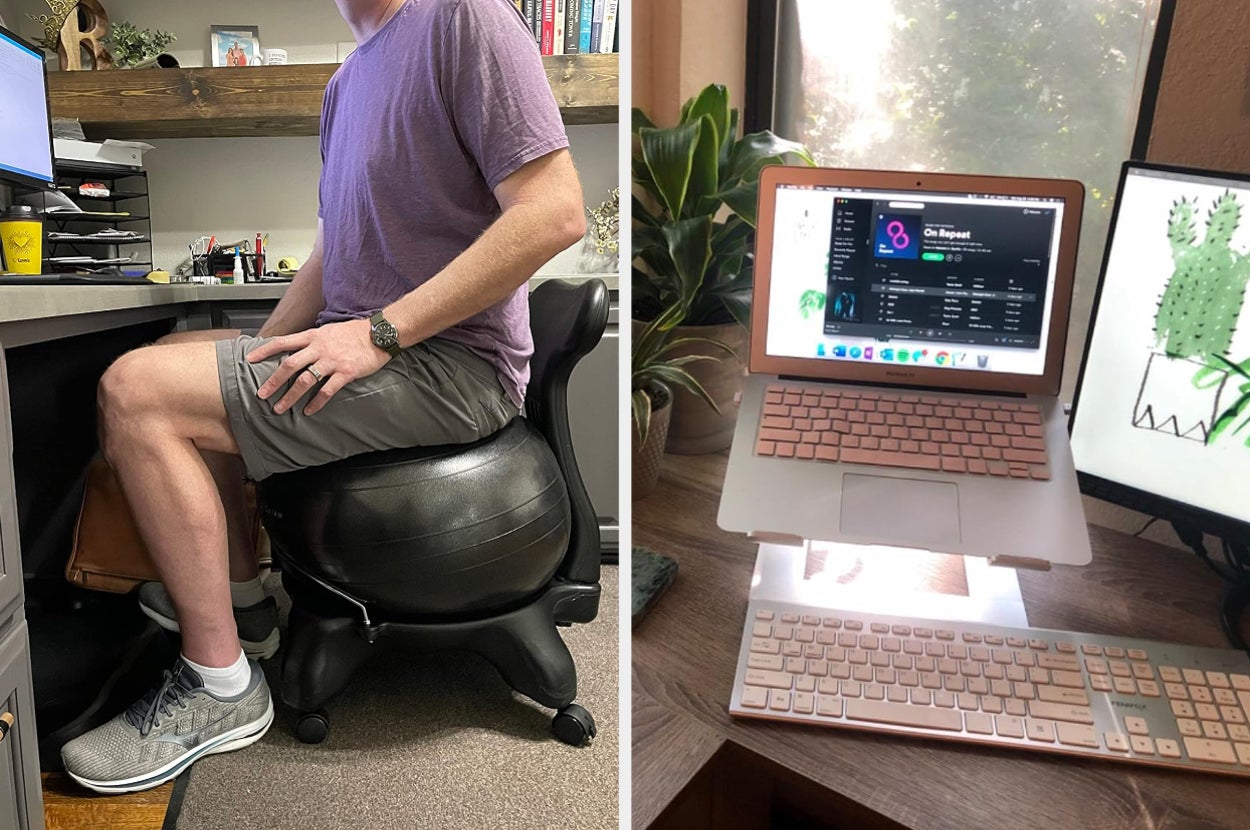 reviewer on a black exercise ball chair / a laptop on a laptop stand
