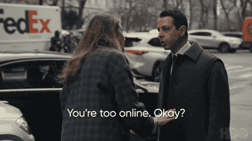 a gif of Kendall from Succession telling his wife that she&#x27;s &quot;too online&quot; as she is visibly upset