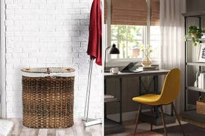 a wicker laundry basket on the left and a writing desk with a mustard yellow chair on the right