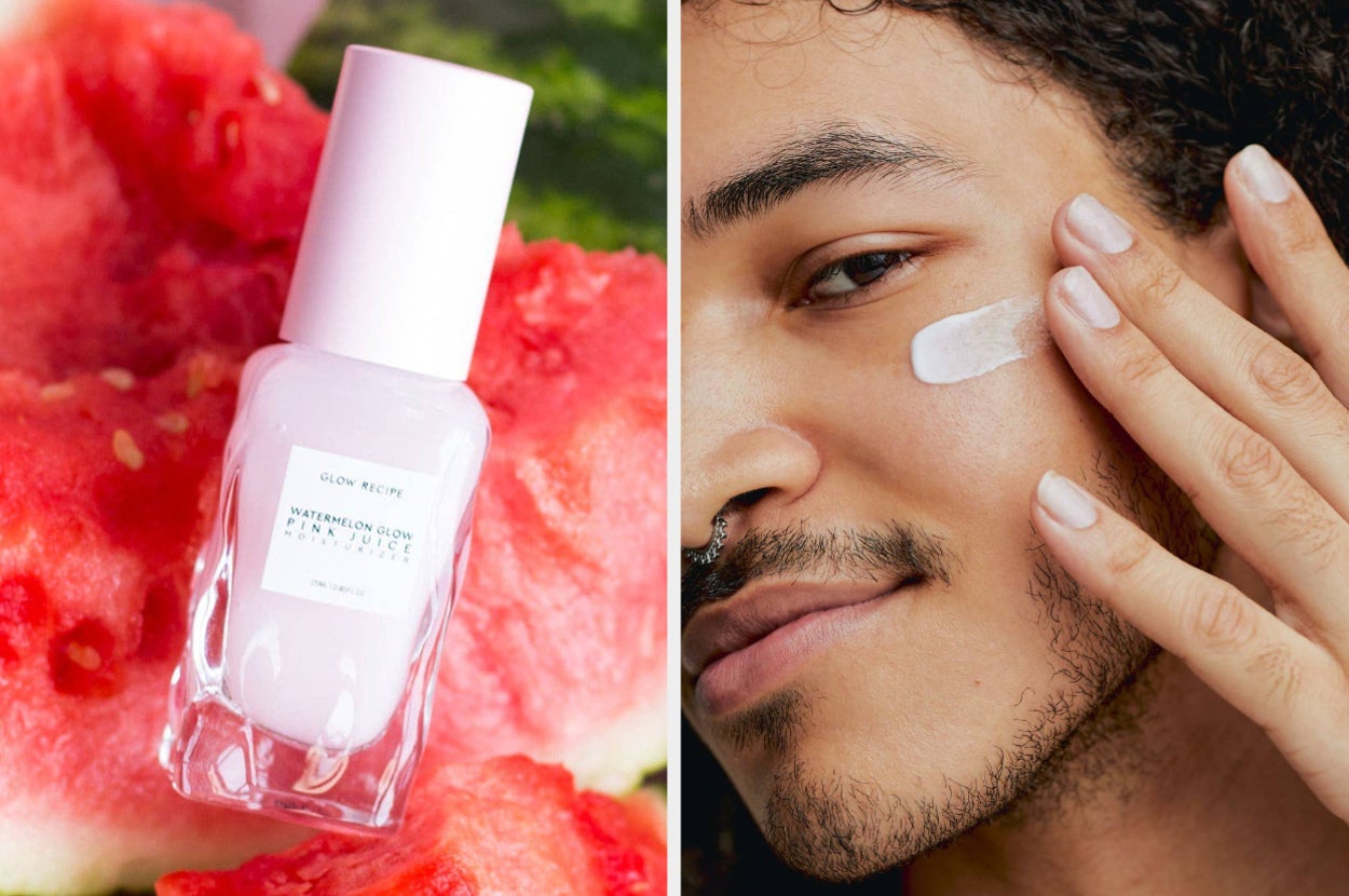 the bottle of Glow Recipe Watermelon Moisturizer / model applying cream to face