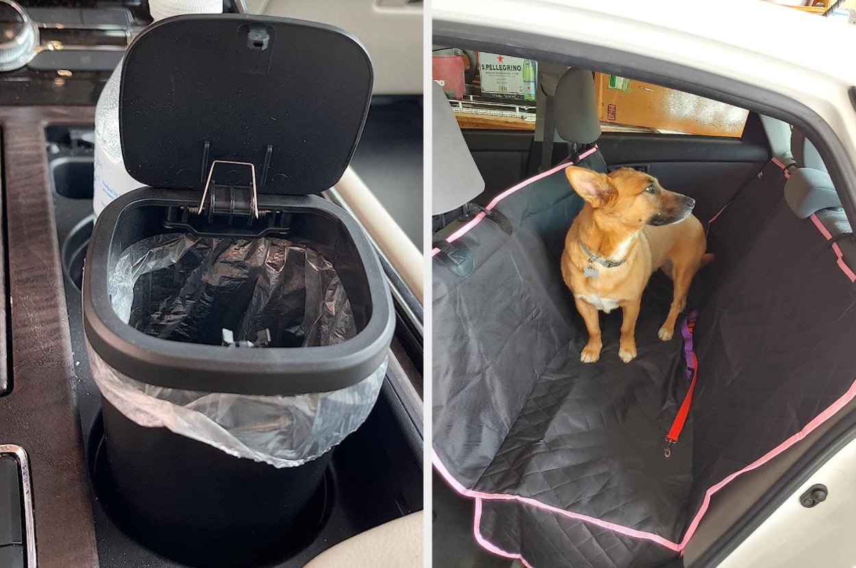mini trash can in reviewer's cupholder and reviewer's dog in backseat with the cover under