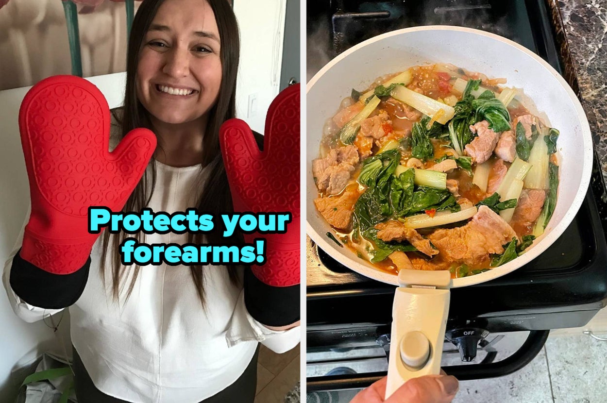 Reviewer wearing mits that go up to their forearms and another reviewer cooking with a pan that has a detachable handle