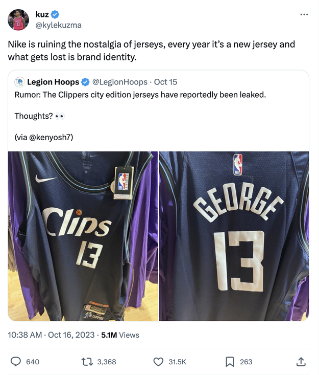 Wizards' Kyle Kuzma blasts Nike for 'ruining the nostalgia of jerseys