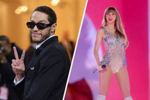 pete davidson flashes a peace sign in sunglasses; taylor swift stands on stage in a sparkly bodysuit