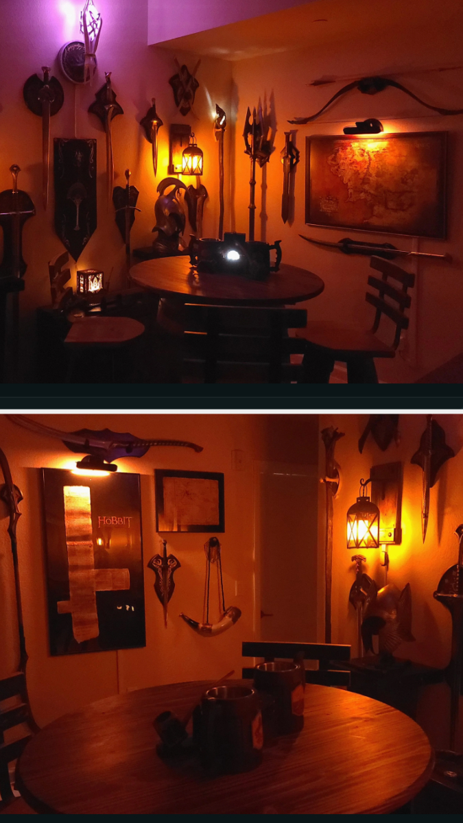 medieval swords and weapons on the wall and dark lighting