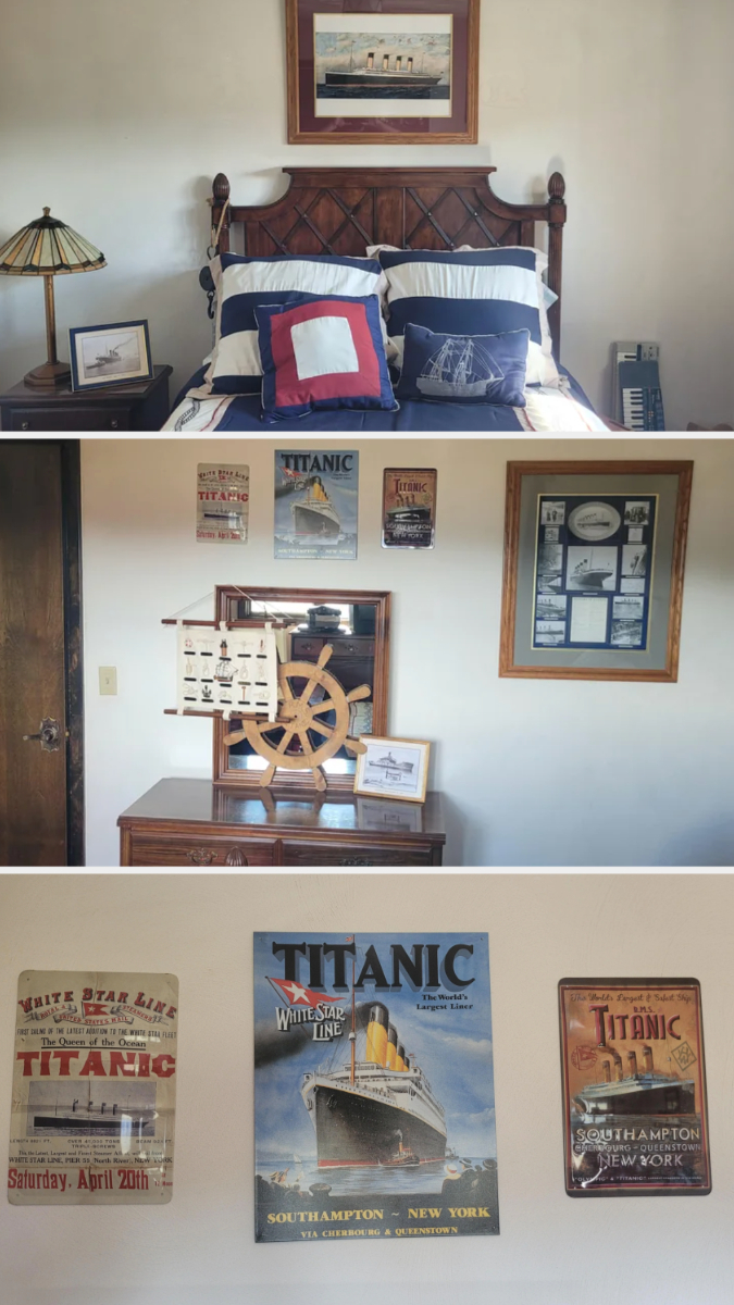 This Titanic-themed room features posters of the Titanic and other nautical decor