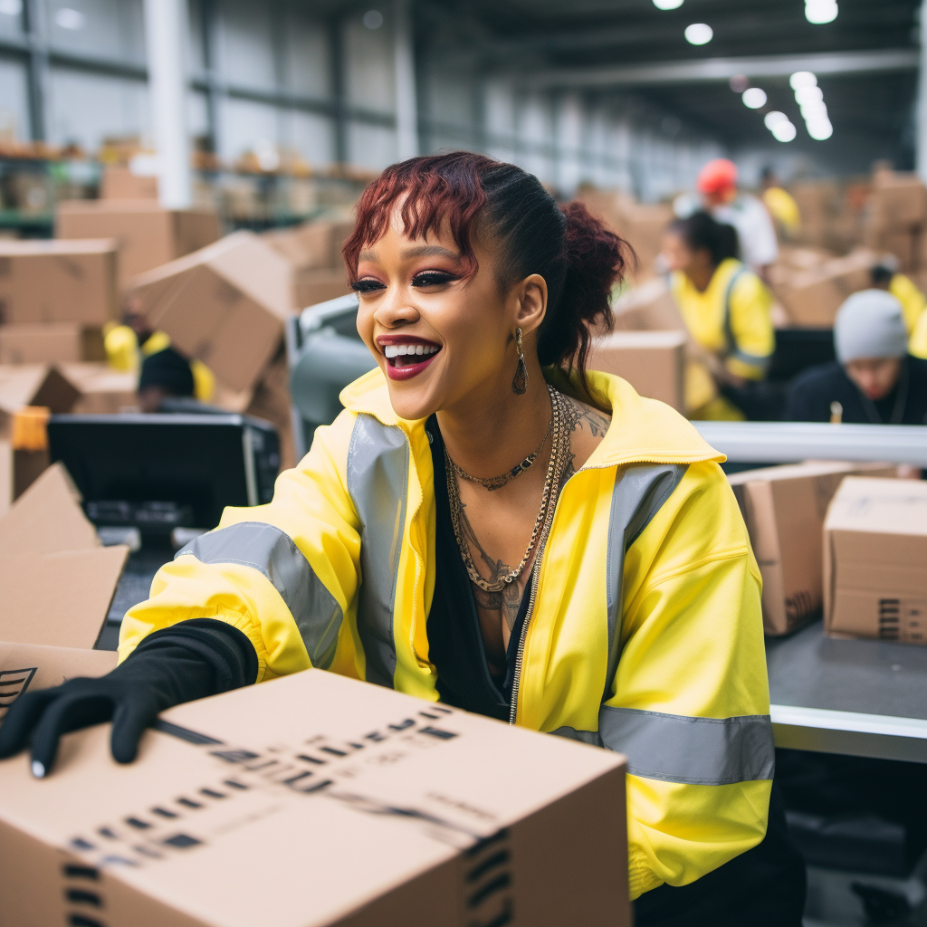 Rihanna working at an Amazon warehouse