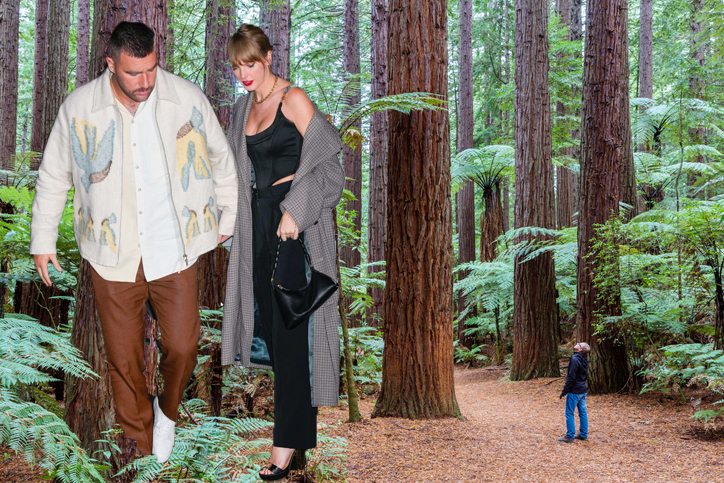 Tall Travis and Taylor next to Redwood trees