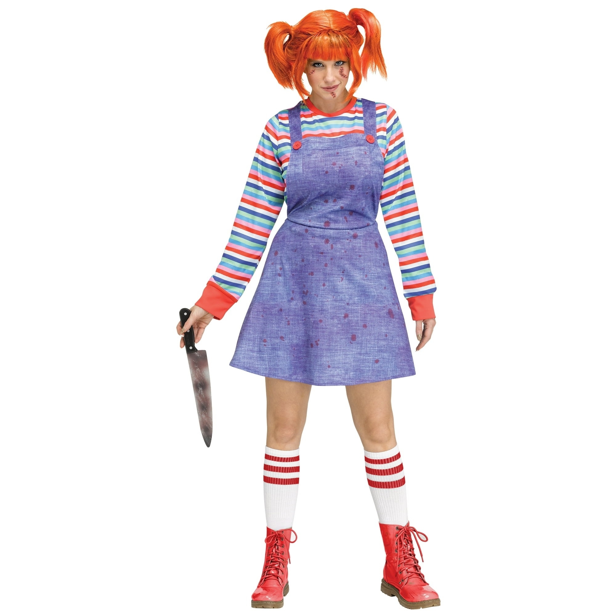chucky overall dress with tall socks on model